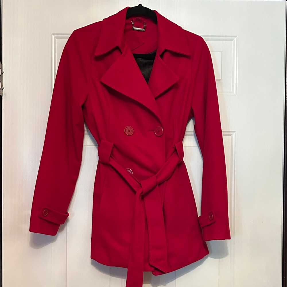 Jou Jou Women's Double-Breasted Pea Coat M Red Belted Classic Timeless